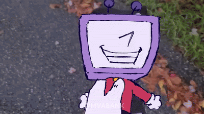 Cartoon Character With Purple Television Head GIF