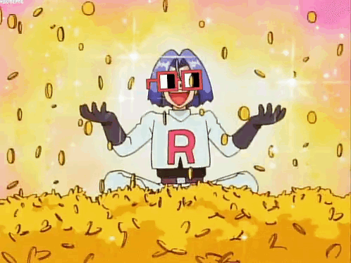 Cartoon Character with R Sitting in Gold Coins