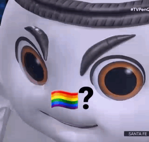 Cartoon Character With Rainbow Flag in Mouth and Question Mark