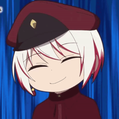 Cartoon Character With Red and White Hair Smiling in Red Hat