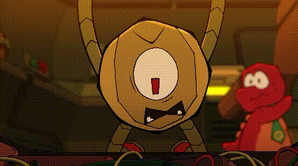 Cartoon Character with Red Eye Next to Stuffed Animal