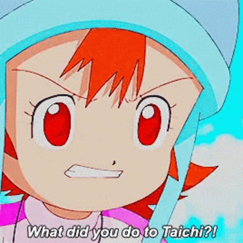 Cartoon Character with Red Hair and Hat Saying What Did You Do to Taichi