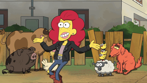 Cartoon Character With Red Hair Surrounded by Animals and Dog