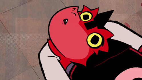 Cartoon Character with Red Head and Yellow Eyes Lying Down