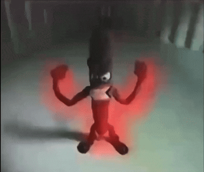 Cartoon Character With Red Light Coming From Arms in Dark Room