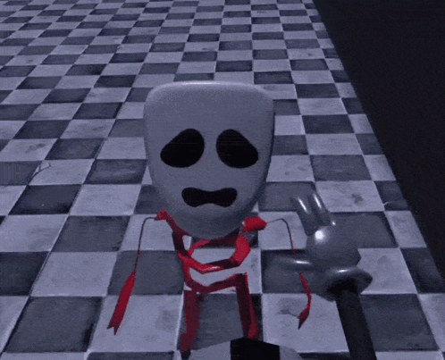 Cartoon Character With Red Ribbon On Checkered Floor GIF