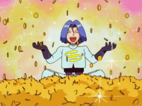 Cartoon Character with S Sitting in Gold Coins