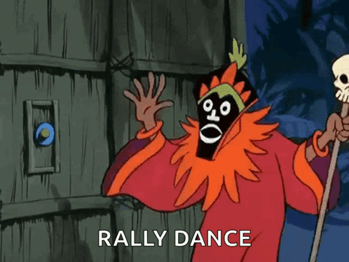 Cartoon Character With Skull Holding Cane Saying Rally Dance