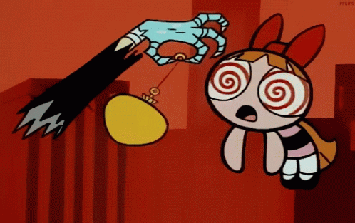 Cartoon Character With Spiral Eyes Held By Hand GIF