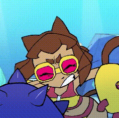 Cartoon Character with Sunglasses and Cat Ears Next to Cat