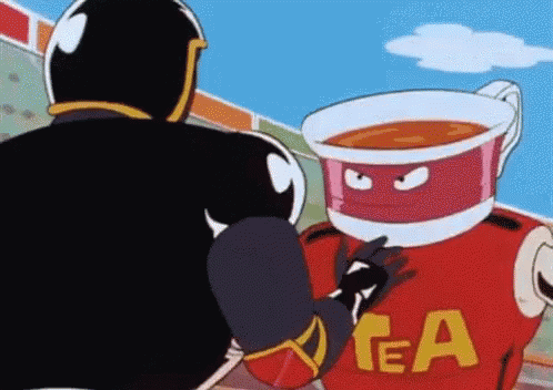 Cartoon Character With Tea Cup On Head Standing Next To Another GIF