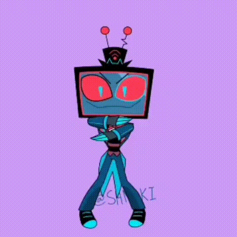 Cartoon Character With Television Head And Red Eyes Standing With Arms Outstretched GIF