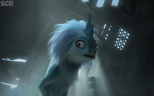 Cartoon Character with Unicorn Horn in Dark Room