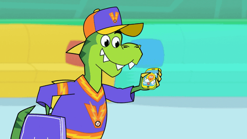 Cartoon Character with V Hat Holding Cell Phone