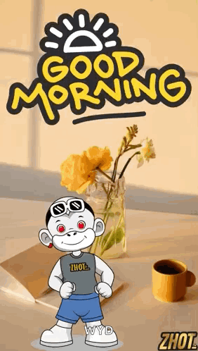 Cartoon Character with Vase of Flowers and Coffee