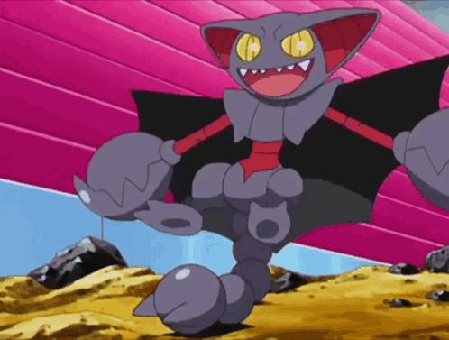 Cartoon Character With Yellow Eyes And Sharp Teeth In Front Of Pink Wall GIF