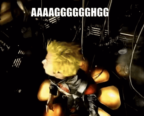 Cartoon Character with Yellow Hair Surrounded by Balloons
