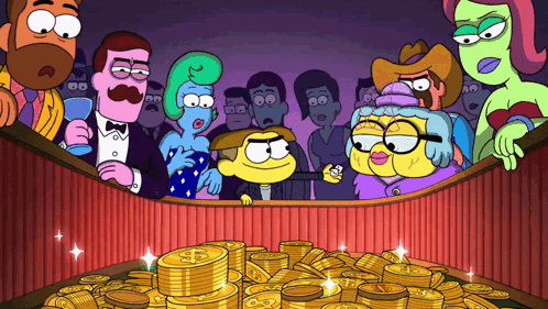 Cartoon Characters Around Pile of Gold Coins