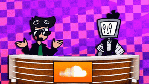 Cartoon Characters at Desk with SoundCloud Logo