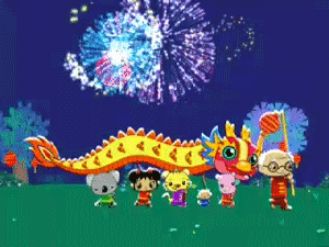 Cartoon Characters Dancing in Front of Fireworks