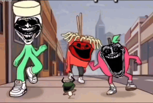 Cartoon Characters Dancing on Sidewalk