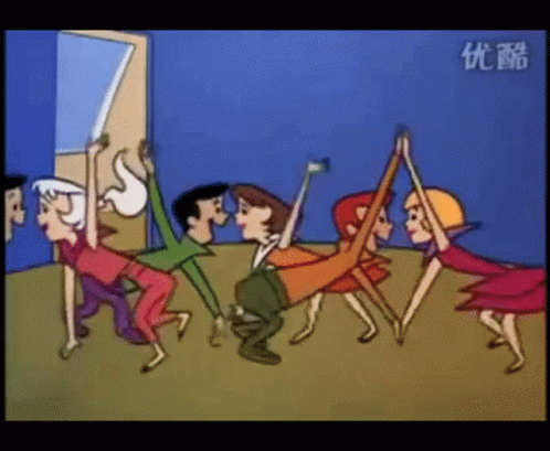 Cartoon Characters Dancing With Chinese Writing GIF