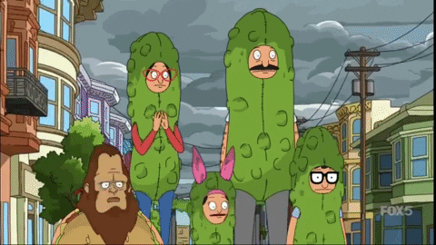 Cartoon Characters Dressed as Pickles With Fox 5 Logo