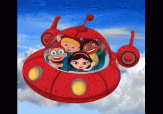 Cartoon Characters Flying in Red Spaceship