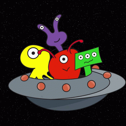 Cartoon Characters Flying In Spaceship GIF