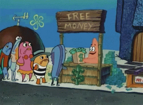 Cartoon Characters in Front of Free Money Stand
