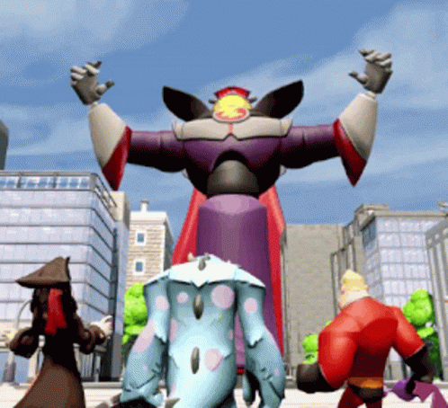 Cartoon Characters in Front of Giant Toy Story Robot
