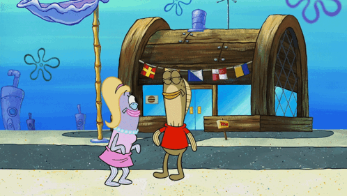 Cartoon Characters In Front Of Spongebob Squarepants Sign GIF