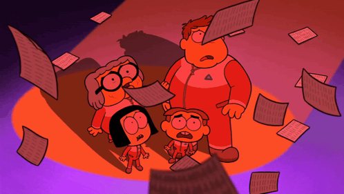 Cartoon Characters in Room With Papers Flying