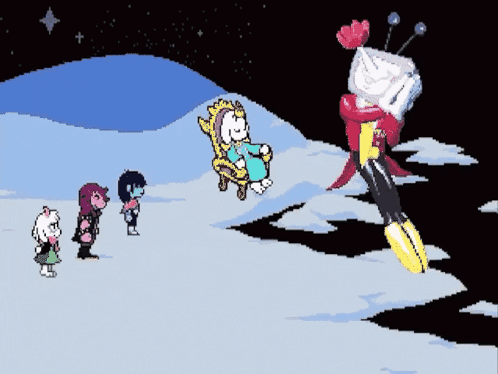 Cartoon Characters In Snow, One Sitting On Chair GIF