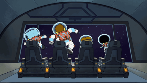 Cartoon Characters in Space Suits Flying