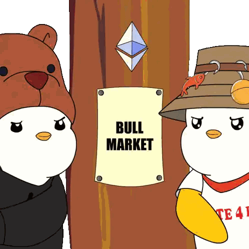 Cartoon Characters Next to Bull Market Sign