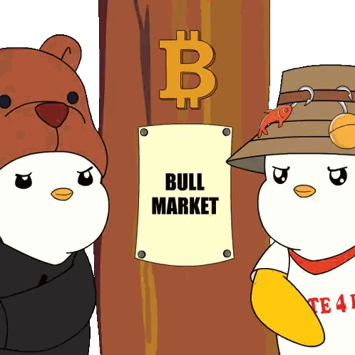 Cartoon Characters Next to Bull Market Sign