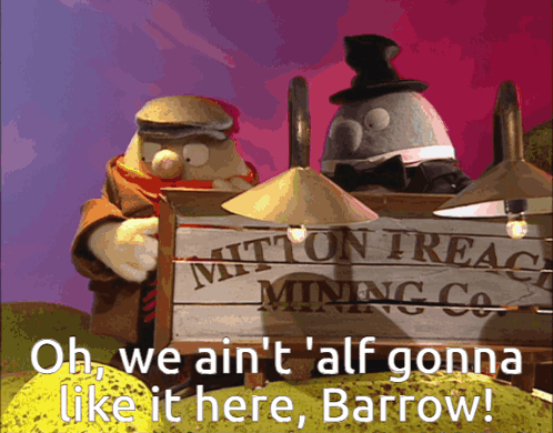 Cartoon Characters Next to Mitton Treace Mining Sign