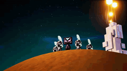 Cartoon Characters on Hill with Tower
