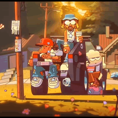 Cartoon Characters on Jeep with Big 3 Sign