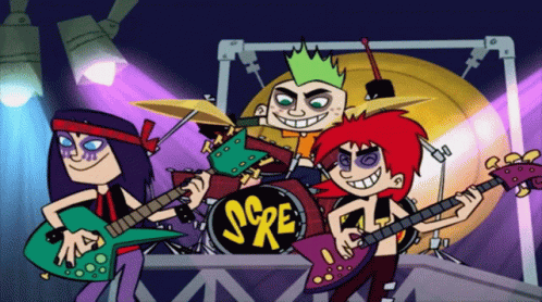 Cartoon Characters Playing Guitars And Drum Set Saying Sre GIF