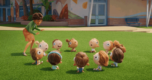 Cartoon Characters Playing in a Circle with Teacher