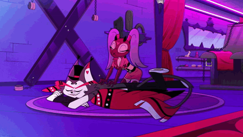 Cartoon Characters Playing in Purple Room