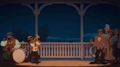 Cartoon Characters Playing Instruments On Balcony With Crocodile GIF