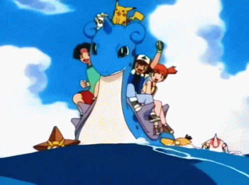 Cartoon Characters Riding Blue Pokemon