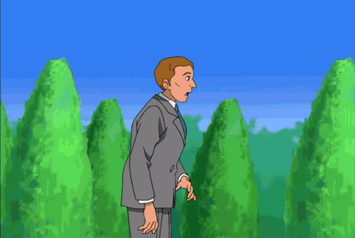 Cartoon Characters Running With Man Holding Stuffed Animal GIF