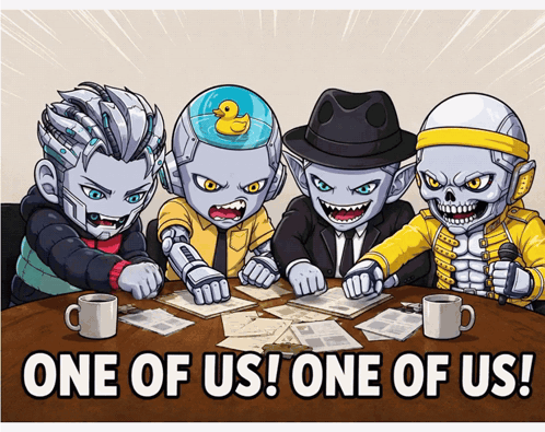 Cartoon Characters Sitting Around Table Saying One of Us One of Us