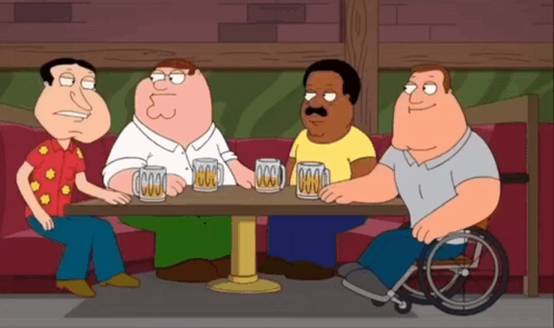 Cartoon Characters Sitting Around Table With Beer Mugs