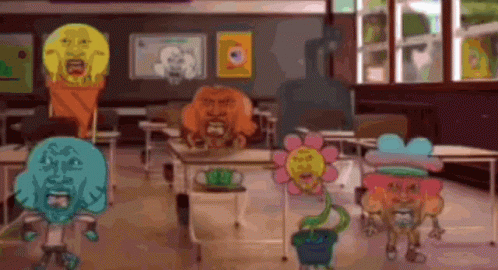 Cartoon Characters Sitting at Desks in Classroom