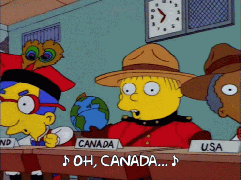 Cartoon Characters Sitting at Desks with Canada Hat